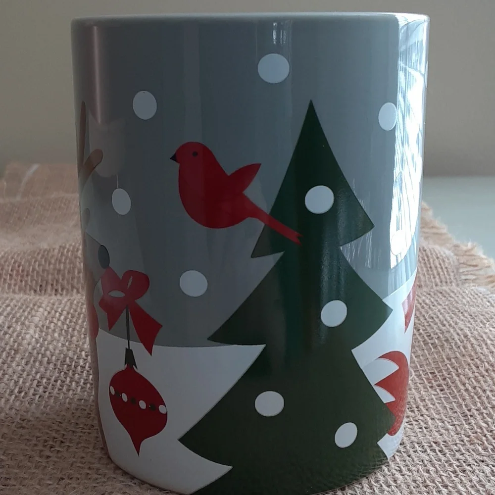 Crate & Barrel Winter Gift Fox Rabbit Snow Gray White Red 10 oz Ceramic